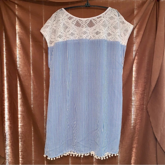 Blue & White Striped Sleeveless Coverup Dress with Lace Detail - Picture 2 of 5